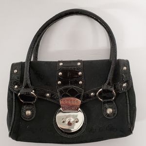 Small Guess Black Handbag with Croc Trim, Silver Hardware, Snap Magnetic Closure